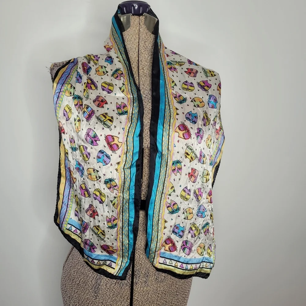 Laurel Birch style colourful silk scarf with cats - Picture 3 of 7